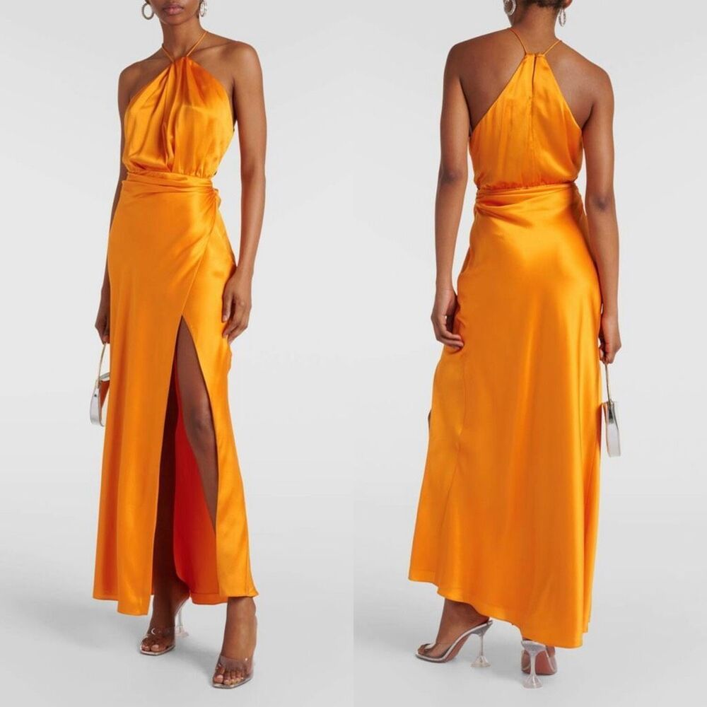 NWT THE SEI Women's Satin Silk Pleated Halter Gown In Mango Size 10 $1125
